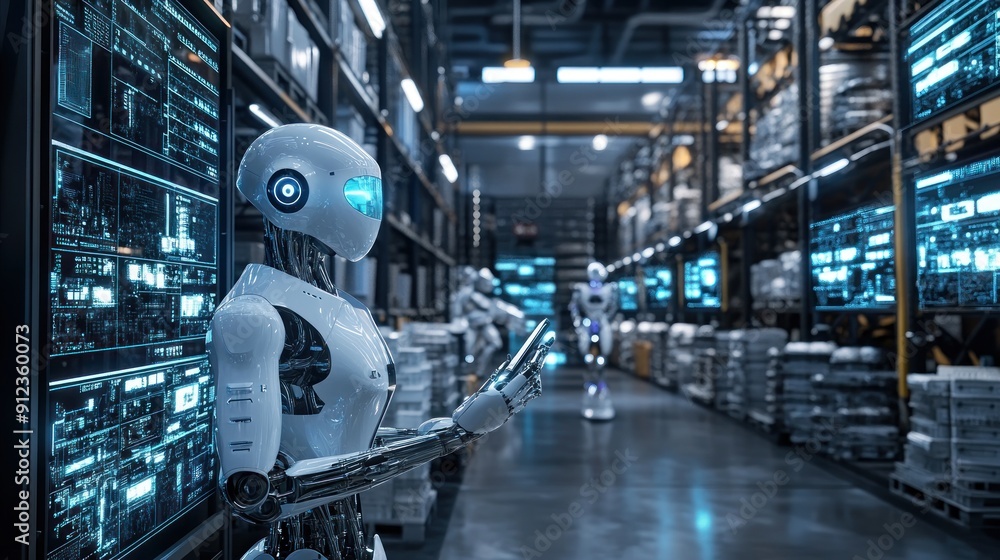 Poster a humanoid robot interacting with a large screen in a warehouse setting