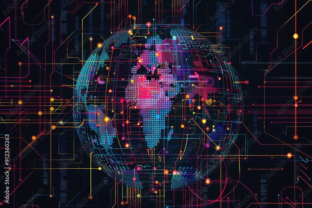 Poster a digital representation of the earth, surrounded by lines and dots