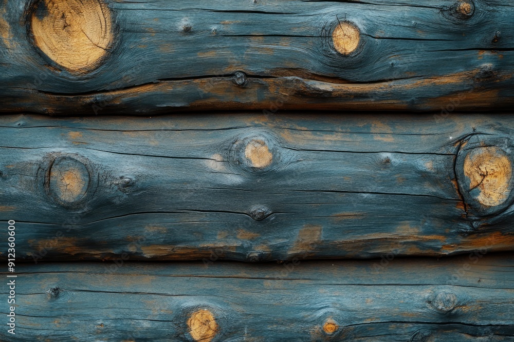 Wall mural A wooden surface with a blue and brown color scheme. The wood is weathered and has a rough texture, giving it a rustic and natural appearance. The blue and brown colors create a sense of depth