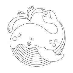 Whale outline. Black and white drawing in cartoon style. Line coloring book. Kids vector illustration