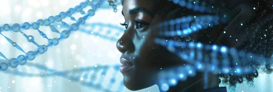Scientific Research African Female Scientist Mapping Genetics with DNA Print or Genome Pattern for Forensic Study and Learning Healthcare Science African Woman with RNA Molecule or Structur