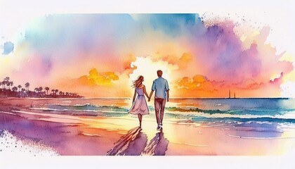 Fototapeta premium Romantic couple walking hand in hand along the shoreline at sunset