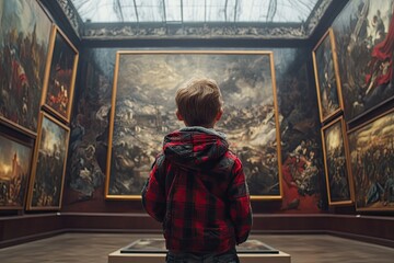 A young boy stands in front of a painting in a museum. The painting is of a battle scene with many people and a lot of detail. The boy is looking at the painting with interest