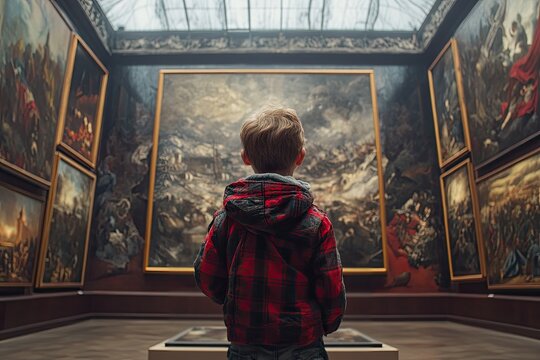 A young boy stands in front of a painting in a museum. The painting is of a battle scene with many people and a lot of detail. The boy is looking at the painting with interest
