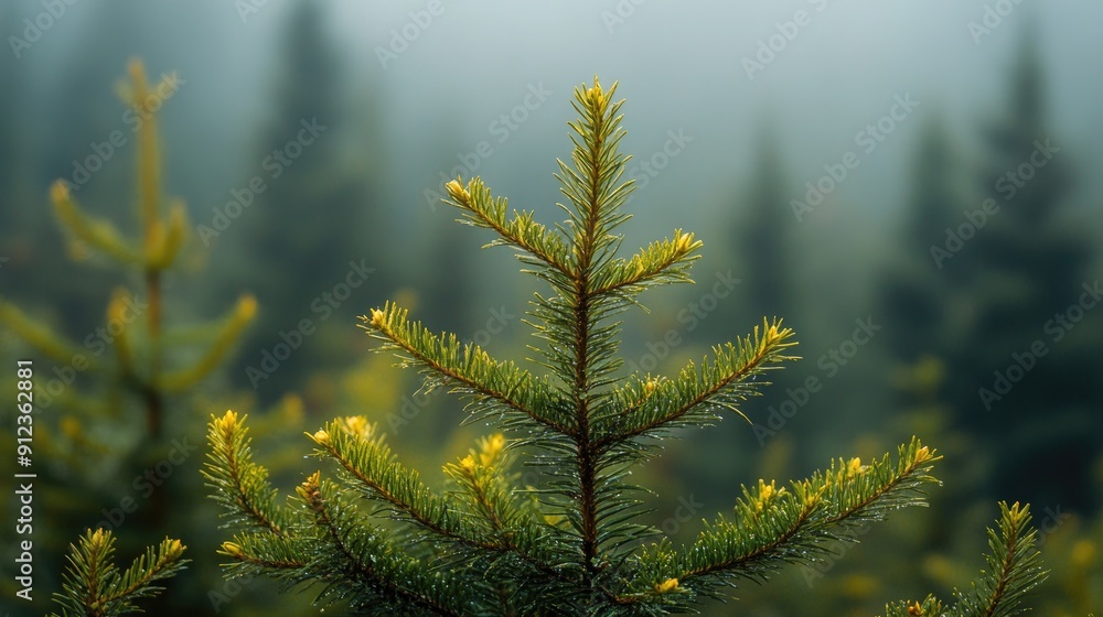 Poster a tree with green leaves and a brown tip. the tree is surrounded by other trees and is in a forest