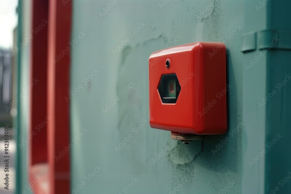 Poster a bright red fire hydrant is mounted to the side of a green wall, ready for use in case of an emerge