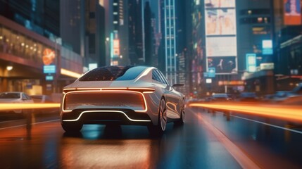 Futuristic Car Driving Through City at Night