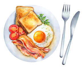 Delicious breakfast - fried egg with and bacon. Watercolor illustration