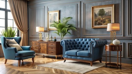 Luxurious living room featuring a plush blue armchair, commode, and brown sofa, surrounded by elegant decor, personal accessories, and a customizable poster frame.