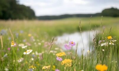 Tranquil Wildflower Meadow with Brook, Generative AI