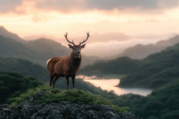 Majestic deer standing on a mossy cliff overlooking a misty mountain landscape