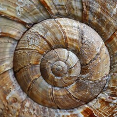 A detailed close-up showcases the intricate spiral patterns of a snail's shell, highlighting its unique textures and natural beauty