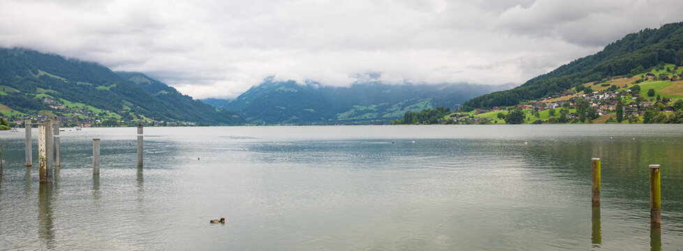 Panorama of Lake Sarnen (Sarnersee) in Obwalden canton, central Switzerland