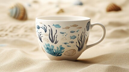 Aesthetic coffee cup with sea-themed illustrations on a sandy background.