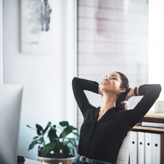 Woman, office and worker to relax at desk, stretching and human resources manager for peace. Female...