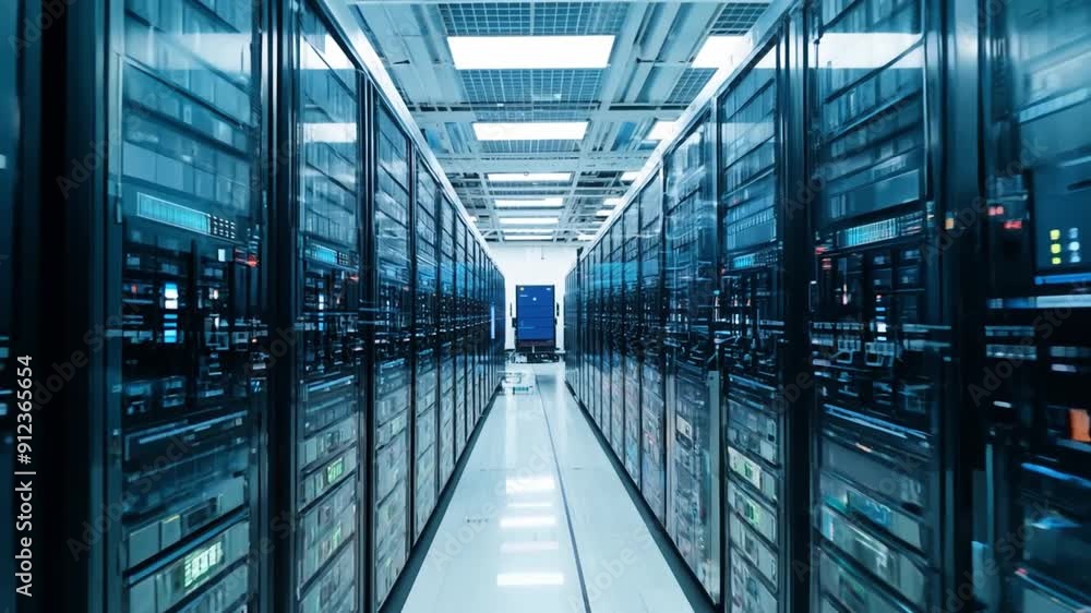 Poster inside a contemporary data center, rows of sleek servers create a high-tech environment illuminated 