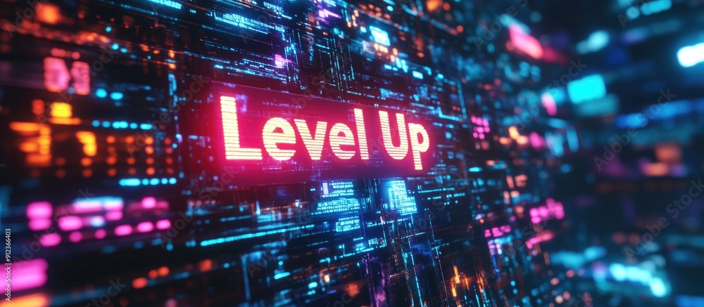 Poster 3d rendering of level up text with technological glitch effects and diverse screen interference
