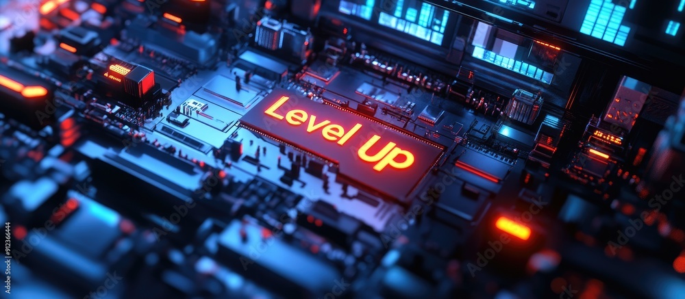 Poster 3d rendering of level up text with technological glitch effects and diverse screen interference