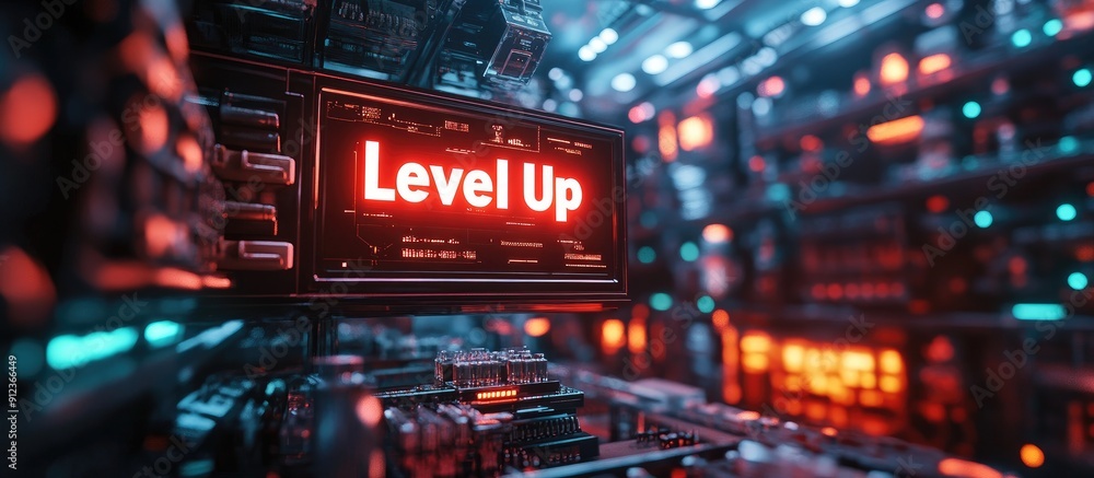 Poster 3d rendering of level up text featuring dramatic screen effects and technological glitches showcasin