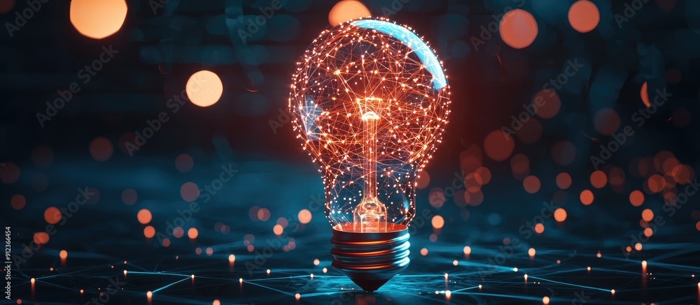 Poster a digital light bulb featuring a network pattern set against a dark blue background representing inn