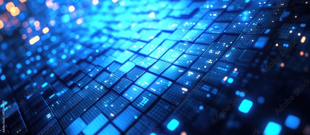 Poster abstract blue mosaic background with a technology theme digital squares in blue tones bright pixelat