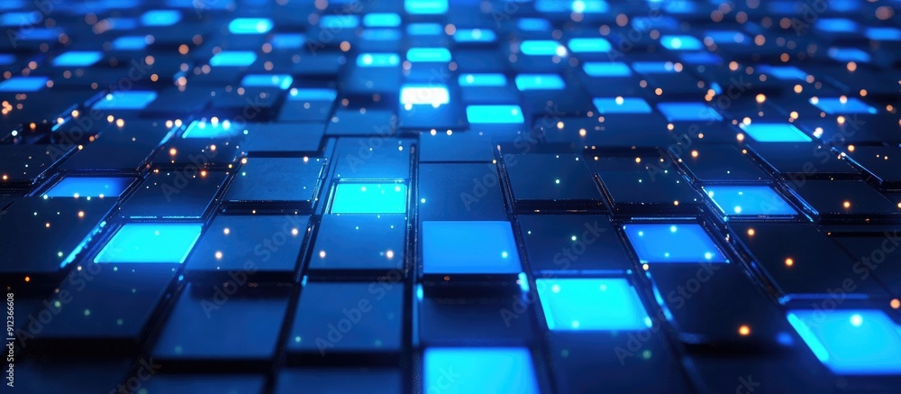 Poster abstract blue mosaic background featuring luminous squares digital technology concept with bright pi