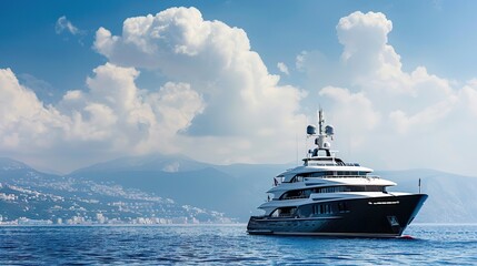 Luxurious Yacht Cruising on Calm Waters, Elegance Afloat with Modern Amenities, Serene Oceanic Experience, Prestige and Comfort at Sea, Sailing towards a Golden Sunset, Opulent Marine Lifestyle.