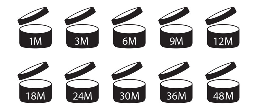 PAO cosmetic icon, mark of period after opening. makeup and cream, validity period of life product in months, back label. 1M, 3M, 6M, 9M, 12M, 18M, 24M, 30M, 36M, 48 month expiry on white background,