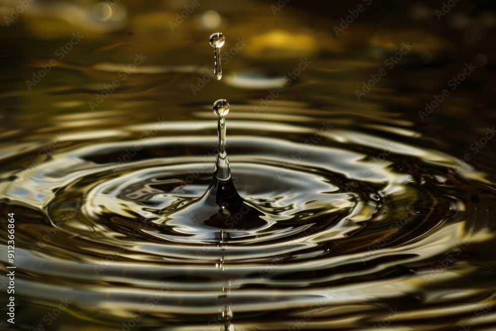 Poster water drop falling and creating concentric ripples on golden water surface