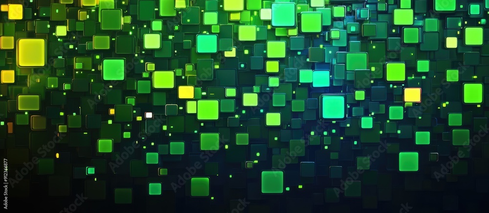 Poster abstract green mosaic background with multicolored led squares vibrant pixel grid design emphasizing