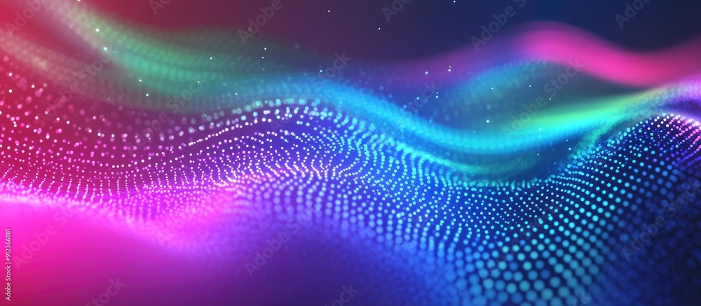 Aufkleber abstract gradient wave with flowing dots in blue green purple and pink futuristic technology backgro