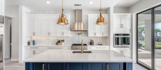 Modern Kitchen with White Cabinets, Blue Island, and Gold Accents