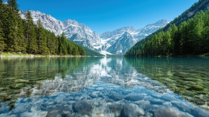 Serene mountain lake with crystal clear waters and majestic peaks