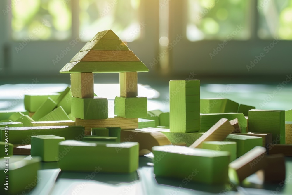 Poster a stack of wooden building blocks sitting on a flat surface, ideal for photography or graphic design