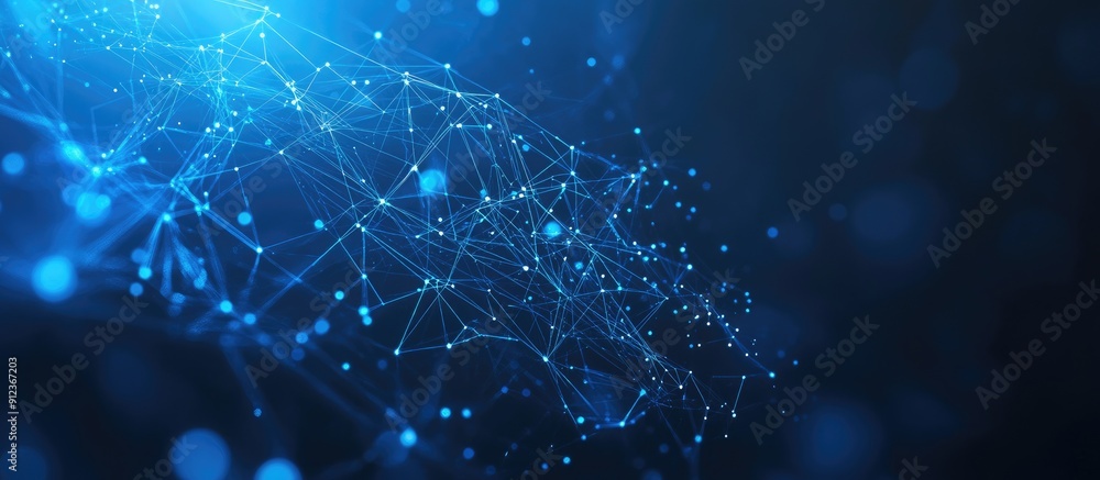 Poster abstract technology shapes with interconnected lines and blurred dots on a deep blue backdrop