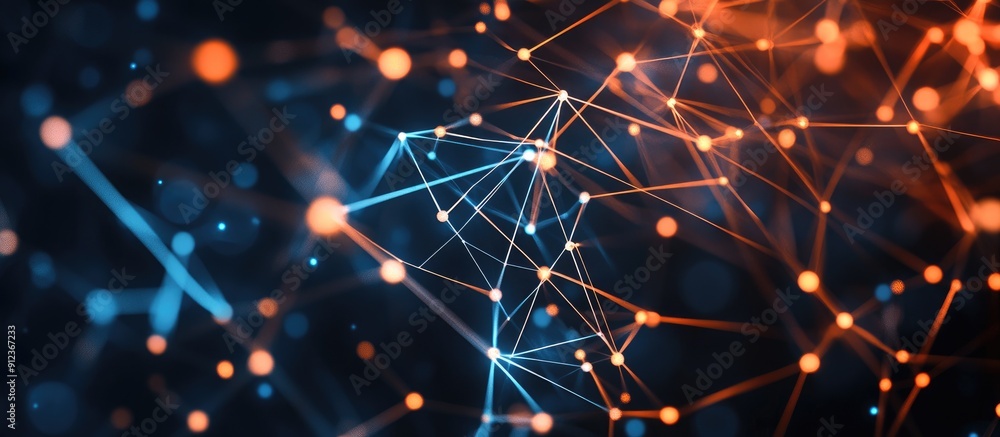 Poster abstract visualization of a digital network featuring illuminated interconnected nodes symbolizing t