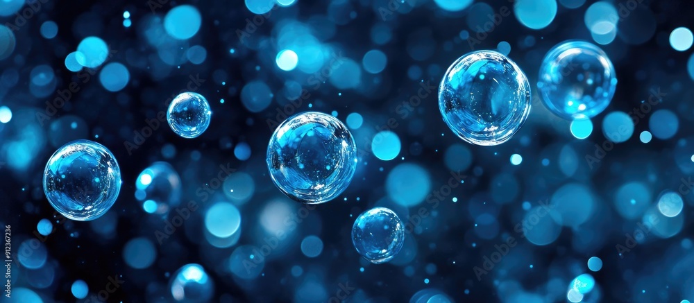 Poster blue bubbles on a black background representing technology computing and digital interface concepts
