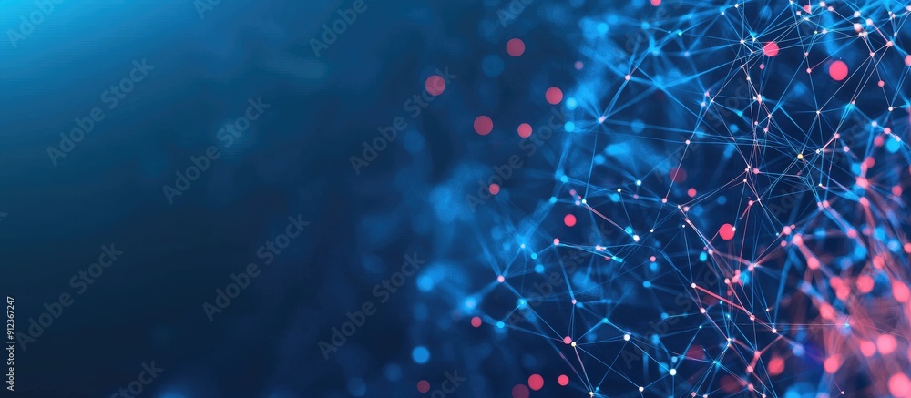 Poster artificial intelligence network with interconnected lines and dots in a polygonal design on a blue b