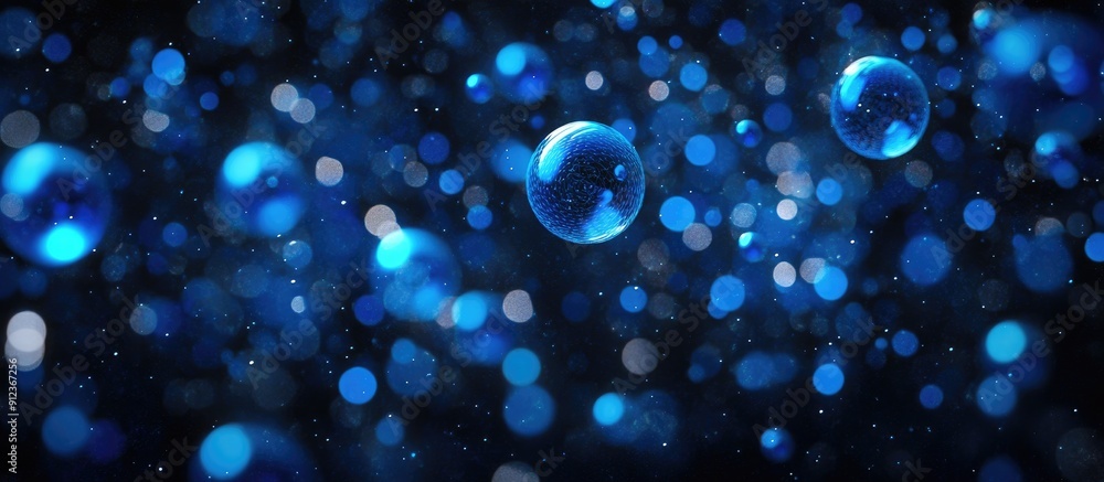 Poster blue bubbles on a black background representing technology computing and digital interface concepts