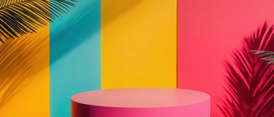 A colorful podium with vibrant hues and sunlight filtering through, making product presentations lively and engaging banner with copy space