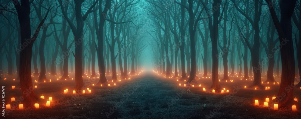 Aufkleber a mystical forest pathway illuminated by glowing candles, creating an enchanting and serene atmosphe
