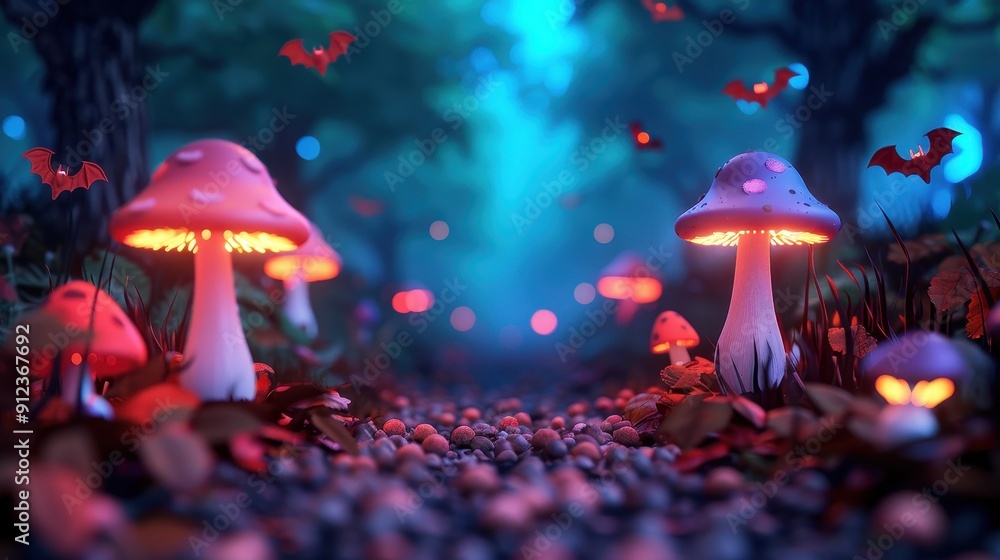 Poster a mystical forest pathway illuminated by glowing mushrooms, creating an enchanting and vibrant atmos