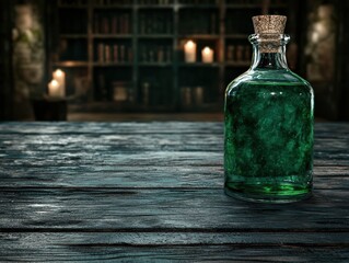 Mysterious green glass bottle on dark wooden table