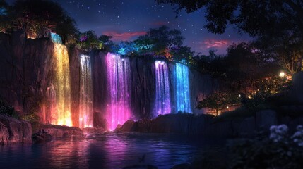 A nighttime view of a waterfall illuminated by colorful lights, creating a magical ambiance.