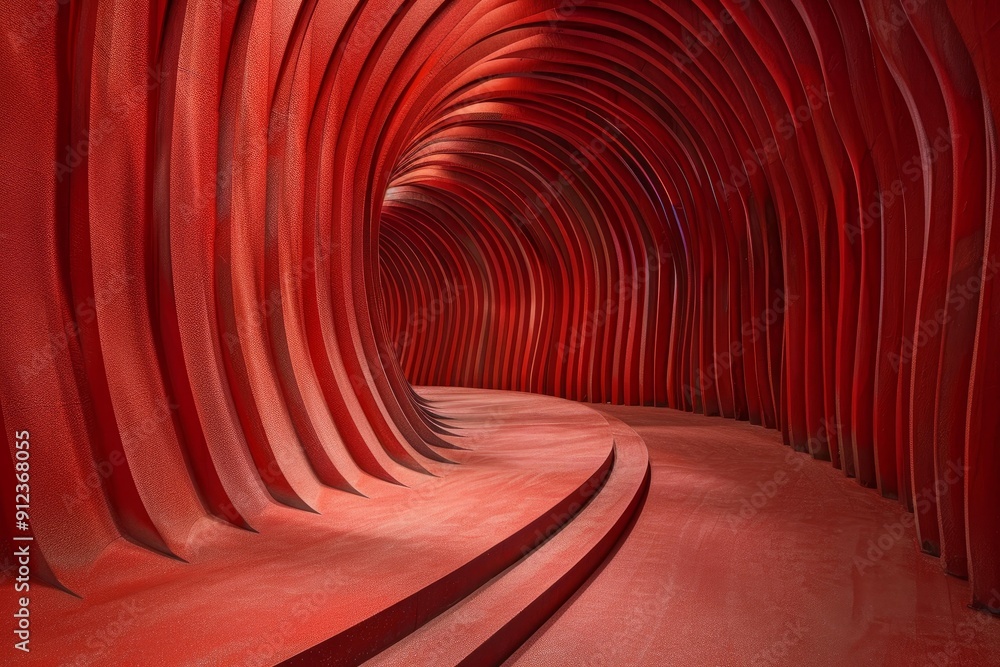 Poster empty red tunnel with wavy walls creating a vanishing point illusion