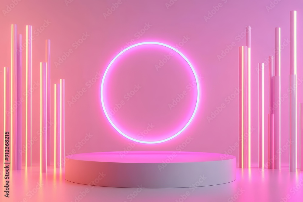 Poster a futuristic podium with a glowing neon circle surrounded by floating geometric shapes, with sunligh