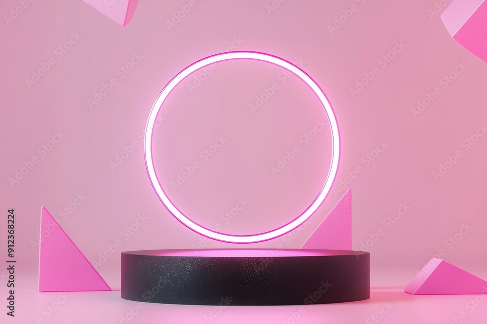 Poster a futuristic podium with a glowing neon circle surrounded by floating geometric shapes, with sunligh