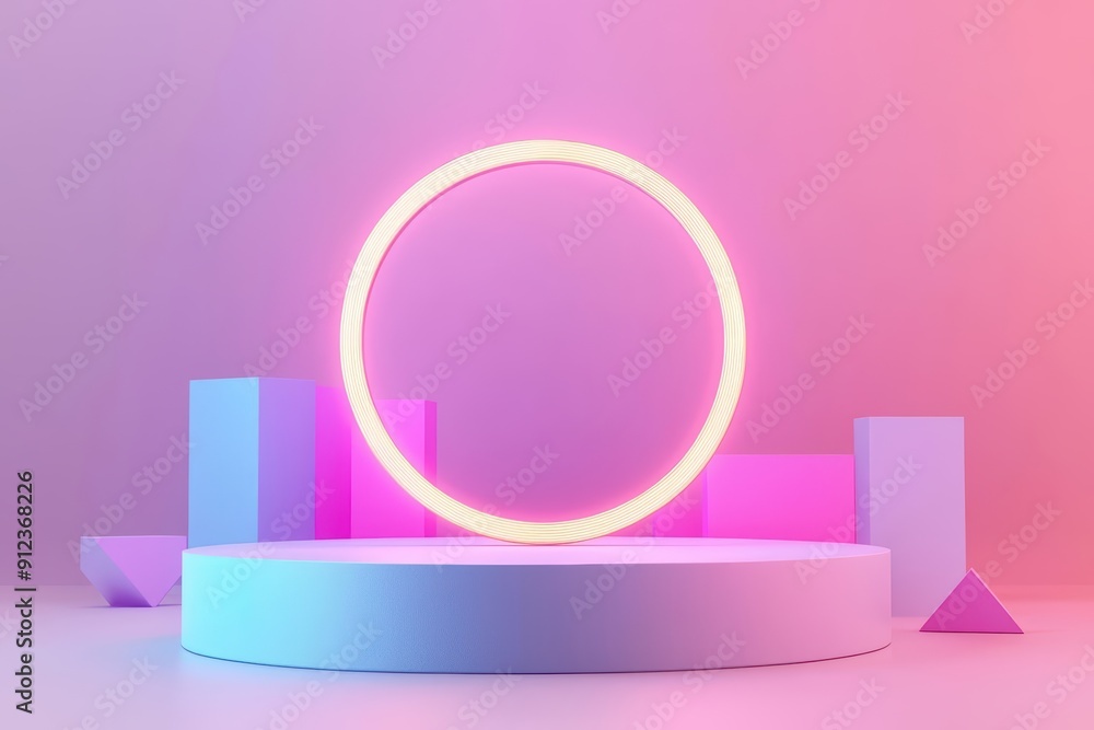 Poster a futuristic podium with a glowing neon circle surrounded by floating geometric shapes, with sunligh