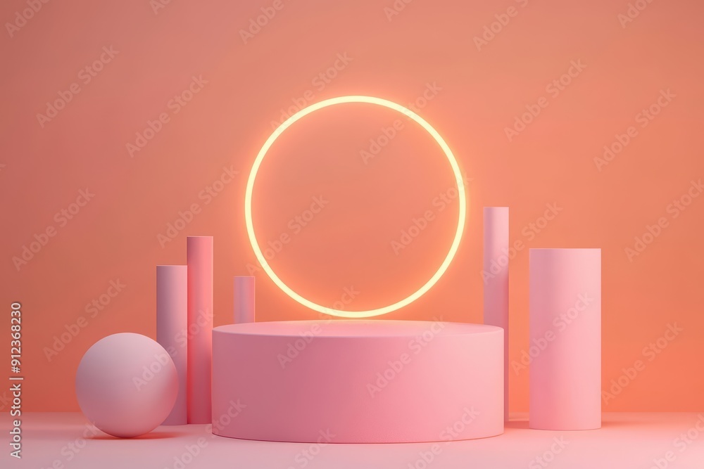 Poster a futuristic podium with a glowing neon circle surrounded by floating geometric shapes, with sunligh
