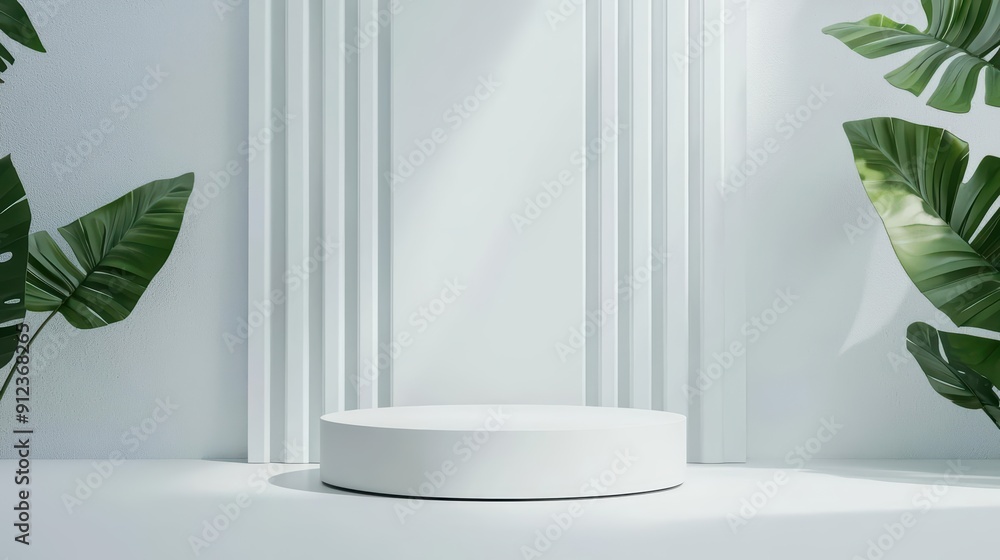 Poster a futuristic podium with clean lines and sunlight filtering through, creating a splash of modernity 
